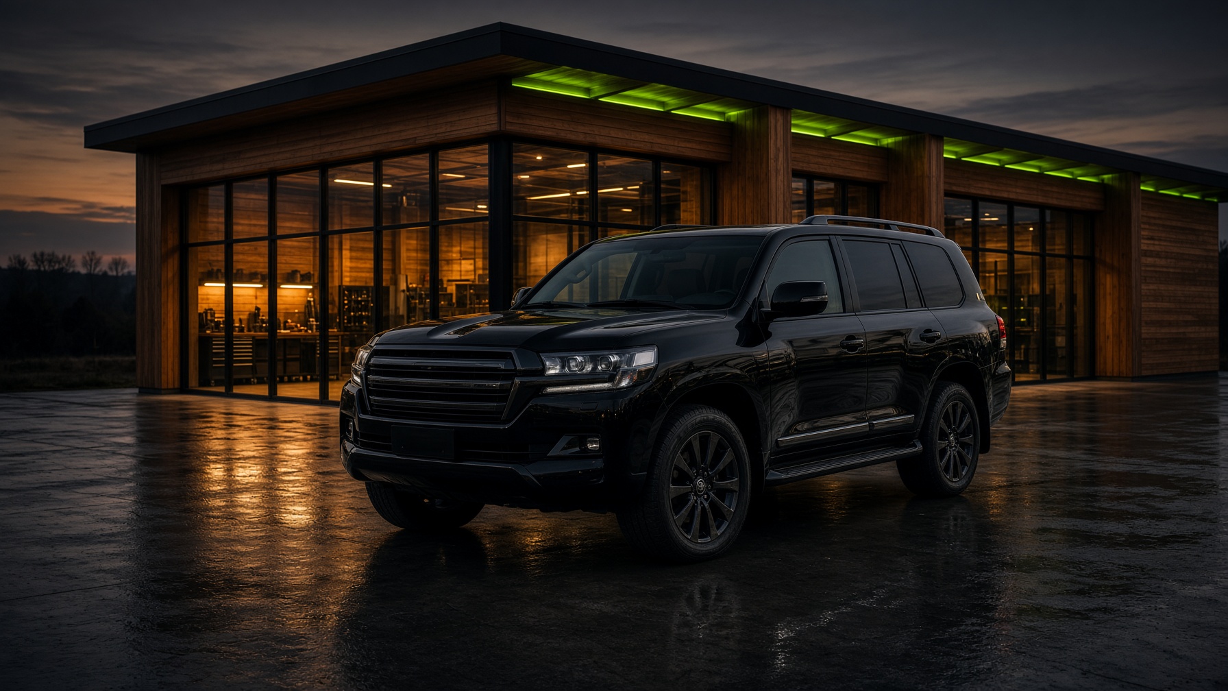 Деревянный павильон сервиса Автогидра ПРО и Toyota Land Cruiser на закате